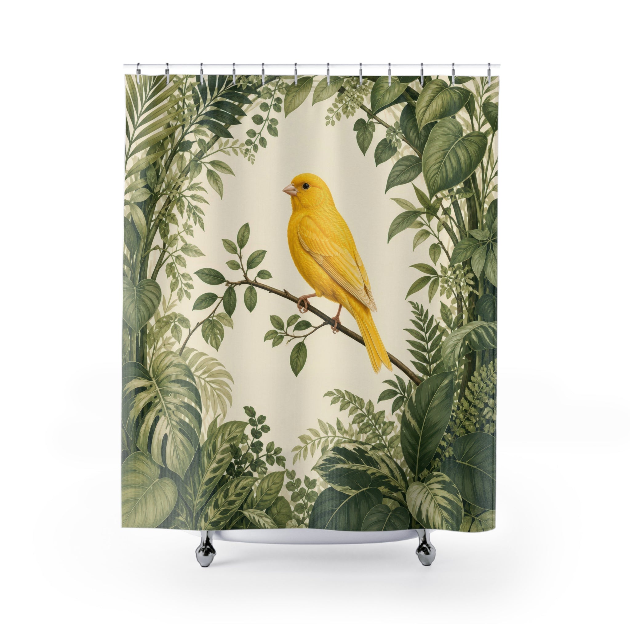 Yellow canary framed by layered tropical green leaves shower curtain with full front view