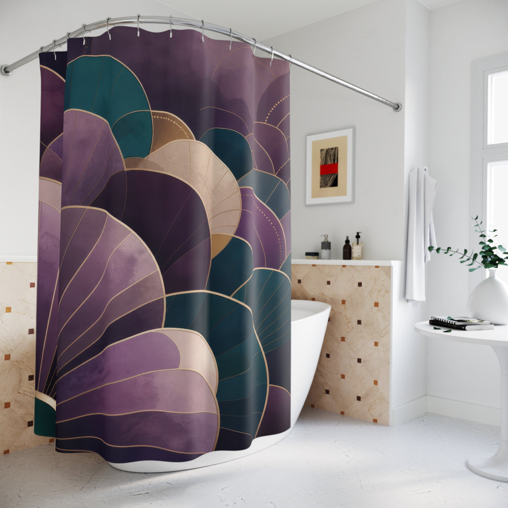 Purple and teal Neo Art Deco fan and scallop cascade shower curtain beside a freestanding tub