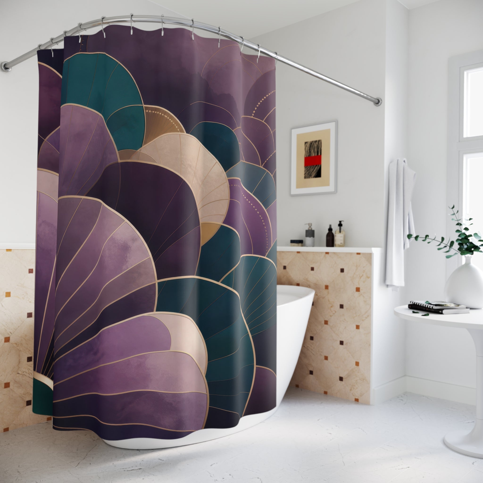 Purple and teal Neo Art Deco fan and scallop cascade shower curtain beside a freestanding tub