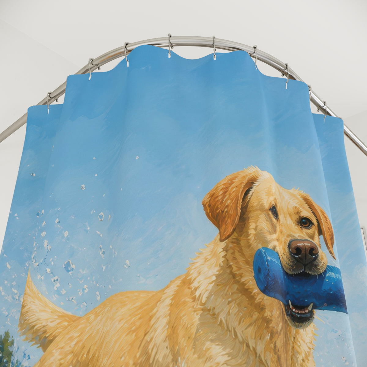 Yellow Labrador splashing through blue lake water shower curtain with close-up print, hooks, and folds