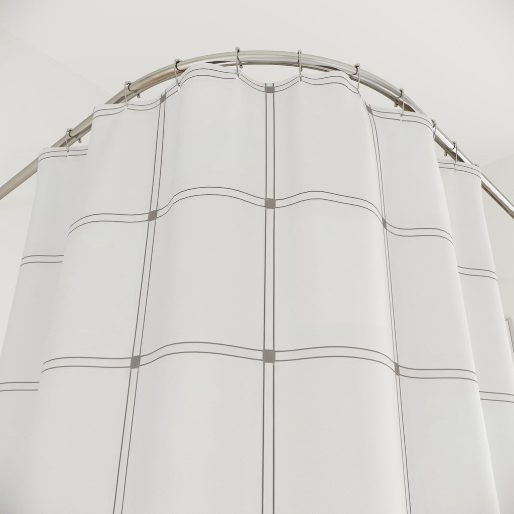 White windowpane with fine warm-gray double lines shower curtain with close-up print, hooks, and folds