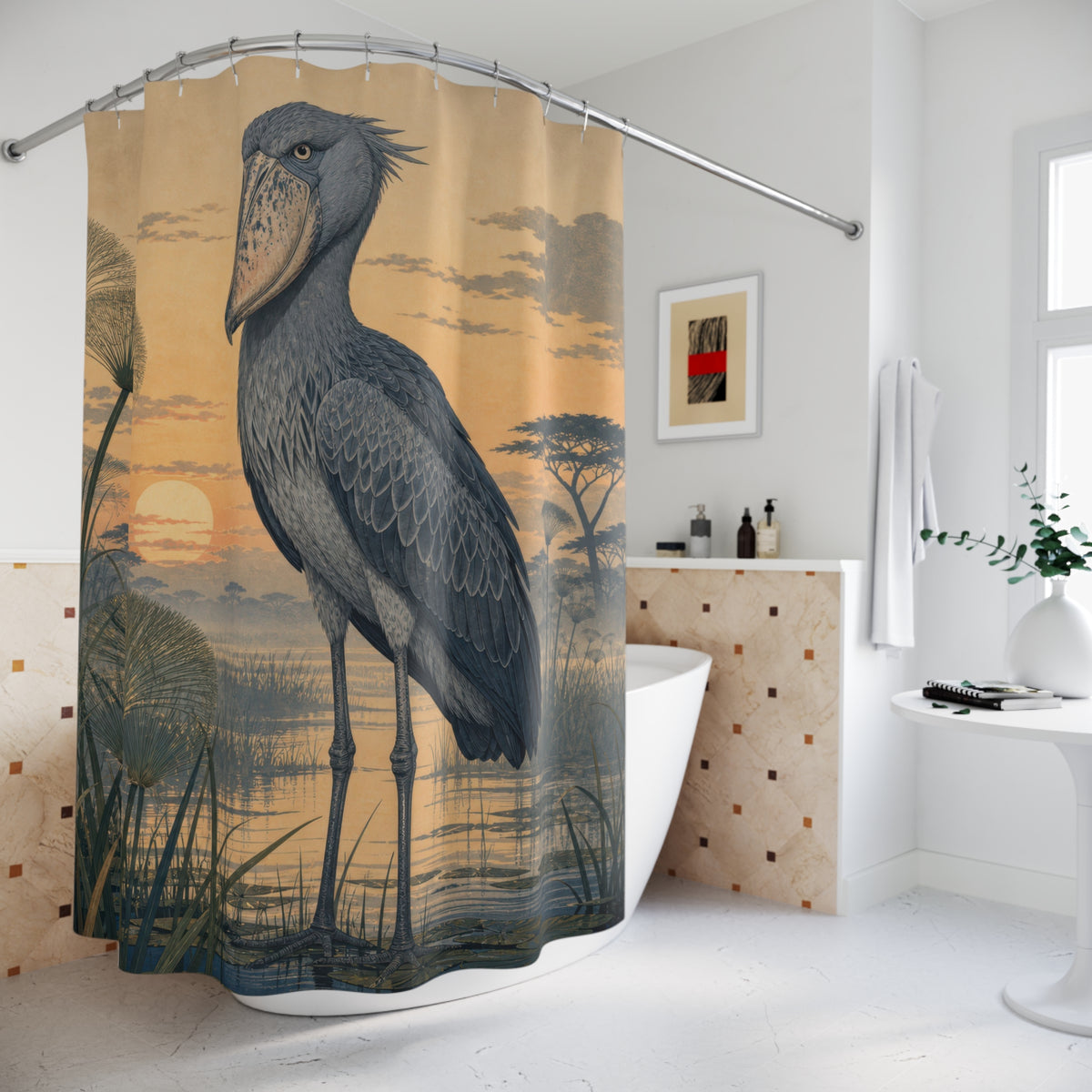Shoebill animal standing above papyrus in a misty marsh shower curtain beside a freestanding tub