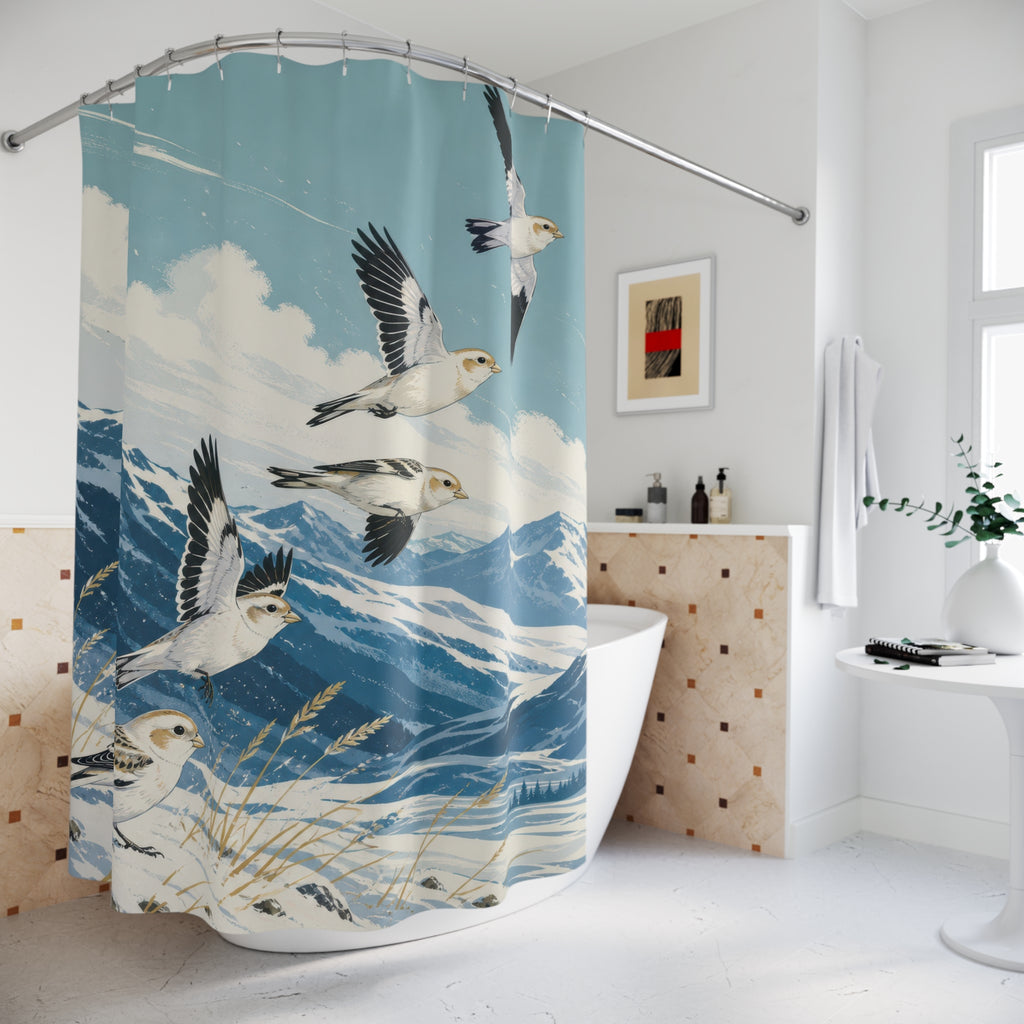 Snow buntings above blue mountains shower curtain beside a freestanding tub