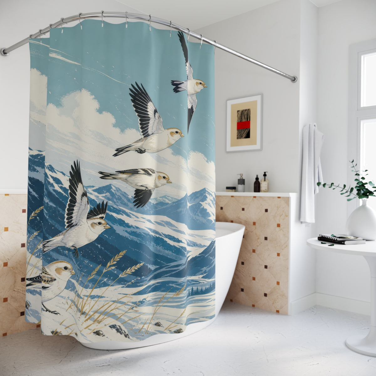 Snow buntings above blue mountains shower curtain beside a freestanding tub