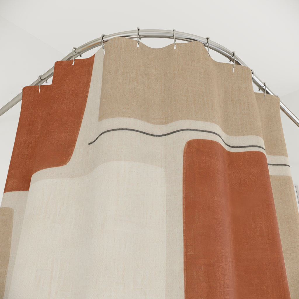 Abstract Shower Curtain, Terracotta Beige Grid Pattern, Rust Neutral Bathroom Decor, Modern Geometric Guest Bath Warm Art Style