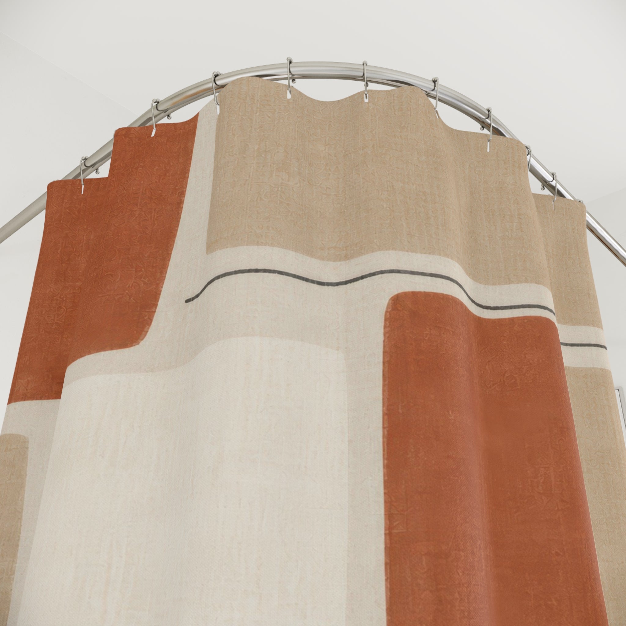 Abstract Shower Curtain, Terracotta Beige Grid Pattern, Rust Neutral Bathroom Decor, Modern Geometric Guest Bath Warm Art Style