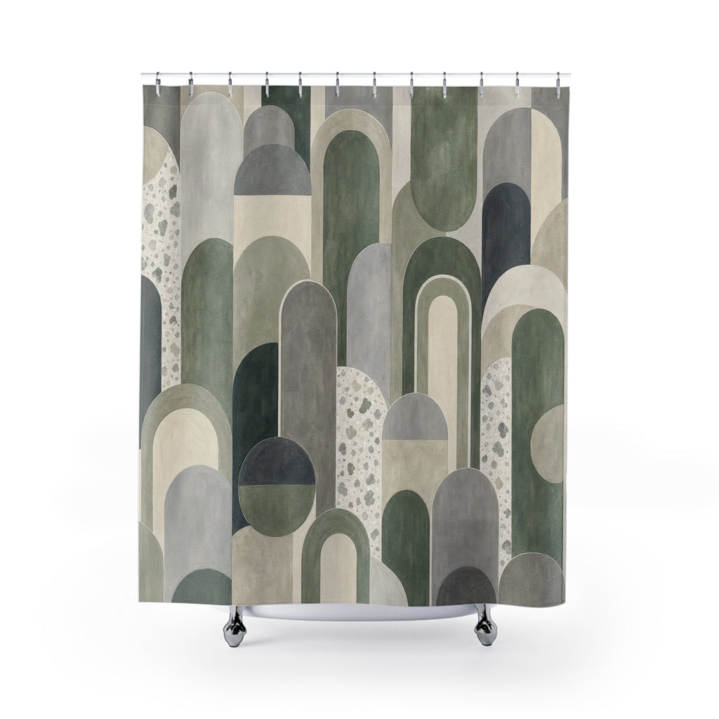 Green Grey Geometric Shower Curtain, Green Grey Modern Bathroom Decor, Geometric Pattern Bath Curtain, Guest Bath Decor, Home Decor