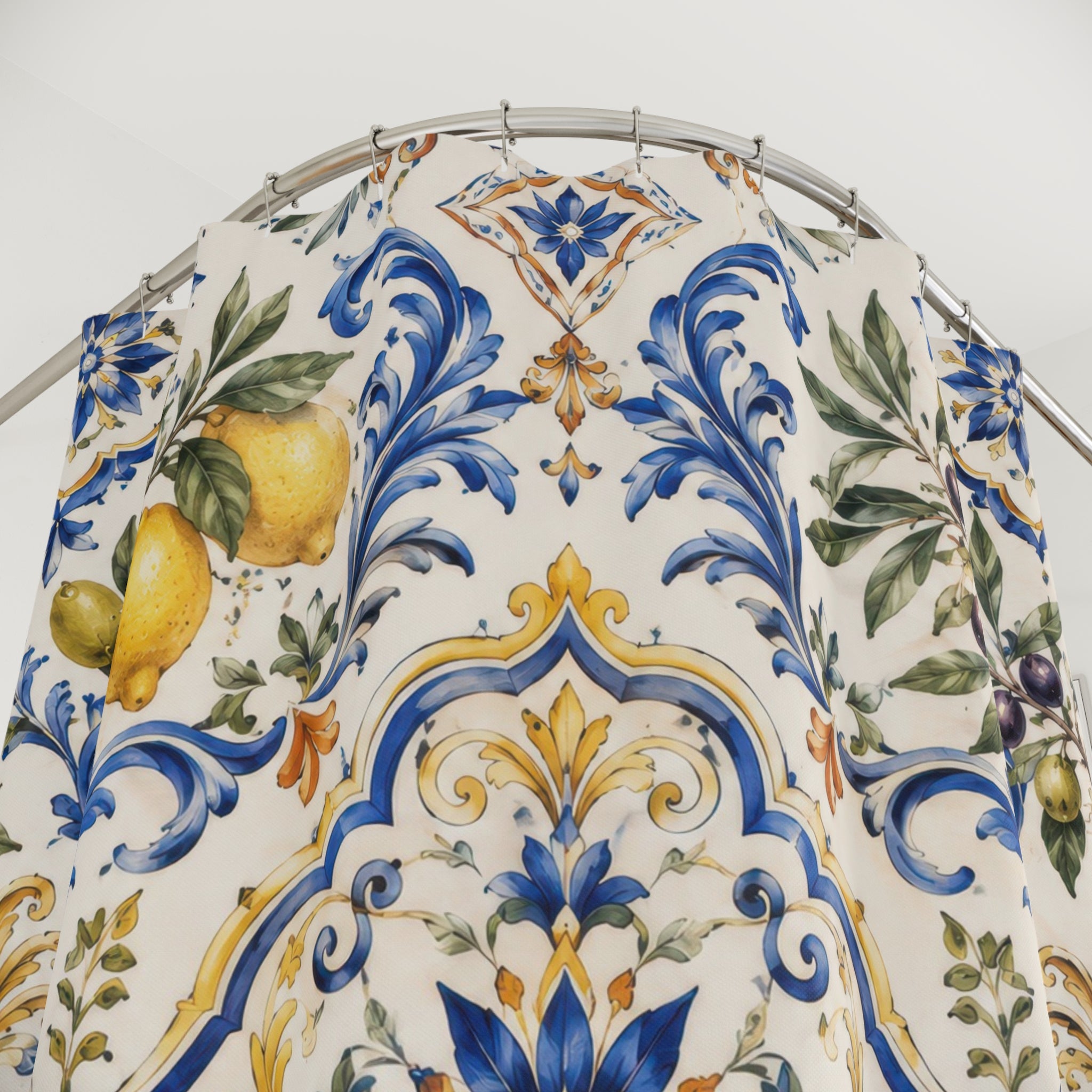 Italian Tile Shower Curtain: Blue Lemon Mediterranean