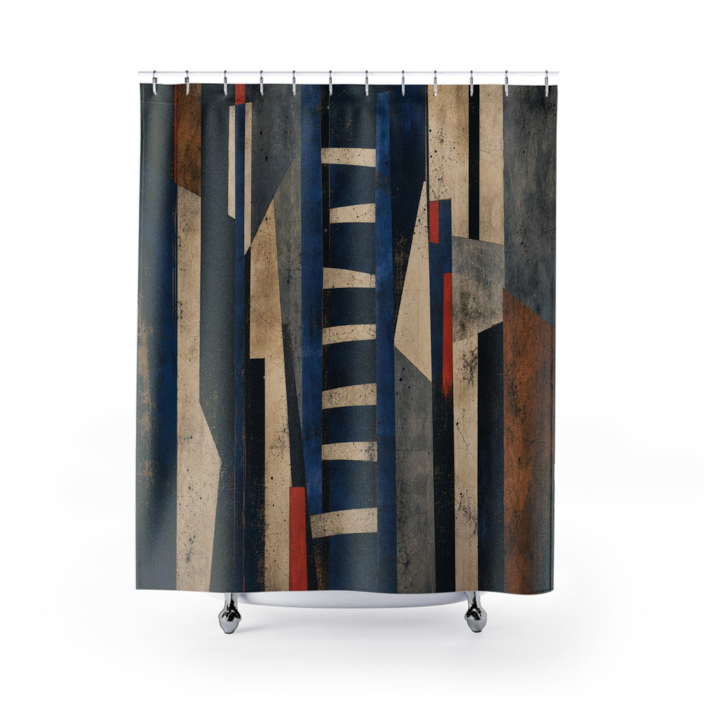 Geometric Shower Curtain, Navy Blue Abstract Architecture, Rust Beige Modern Art, Art Deco Bath Decor, Graphic Guest Bathroom, Bold Bath
