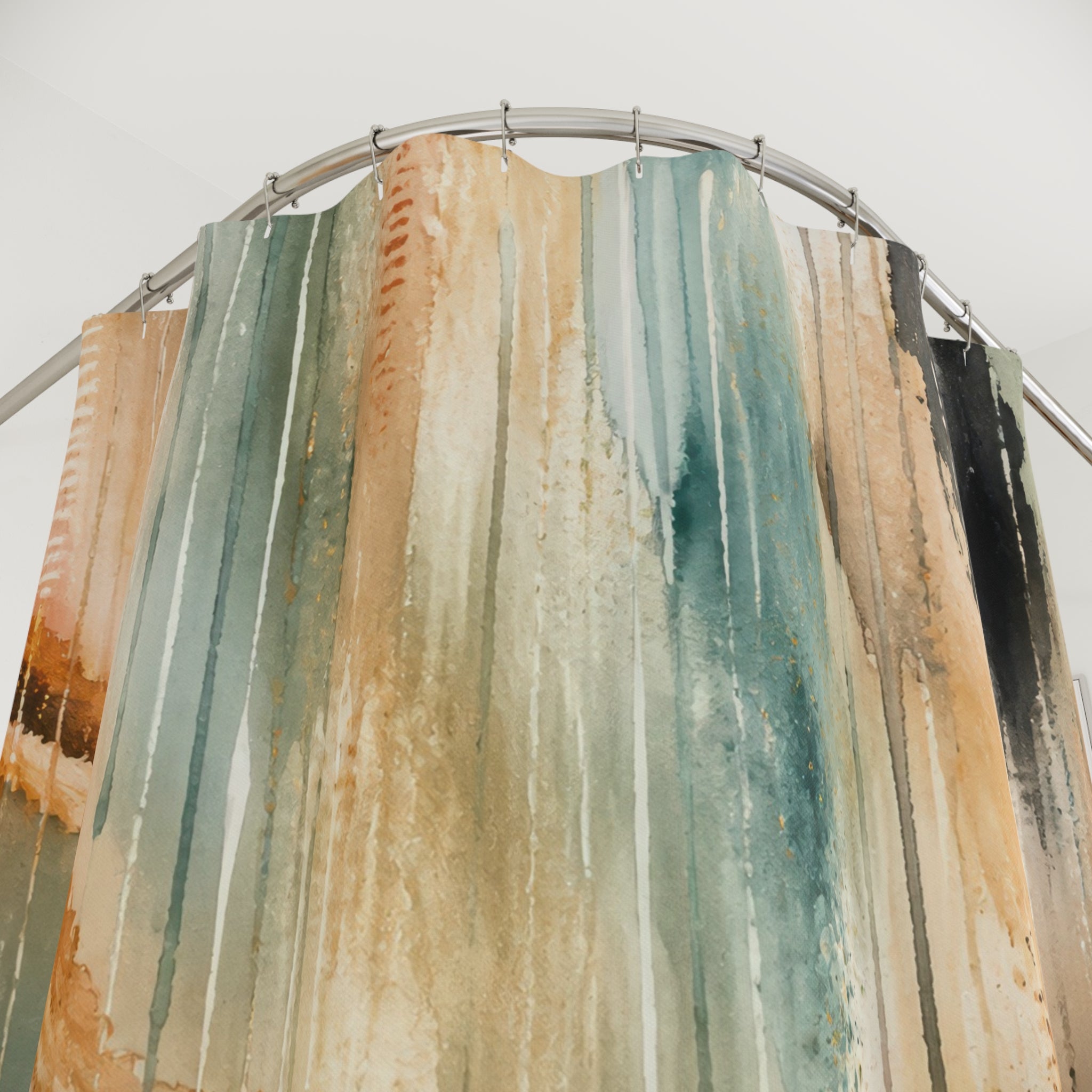 Unique Abstract Shower Curtain, Teal Orange Painterly Art, Modern Brush Stroke Bathroom Decor, Warm Neutral Guest Bath, Contemporary Art