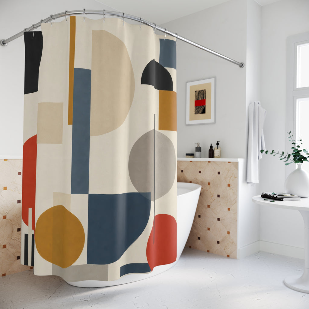 Bauhaus Shower Curtain, Navy Mustard Terracotta Geometric Circles, Mid Century Modern Abstract Bathroom Decor, Bold Art Bath Style