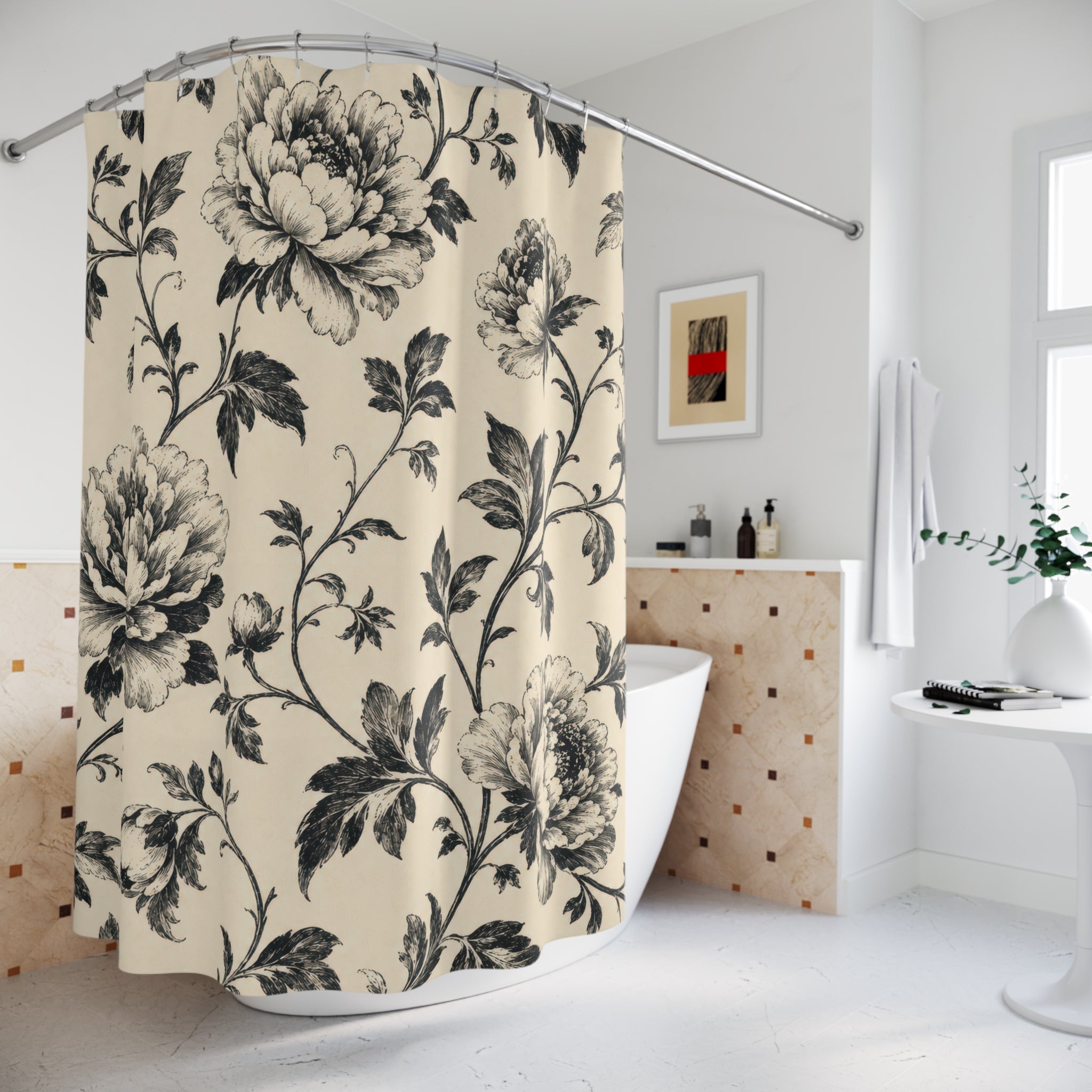 Black Cream Vintage Flower Shower Curtain