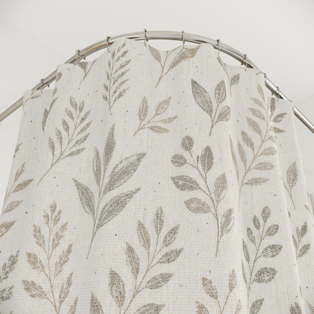 White Green Leaf Farmhouse Shower Curtain