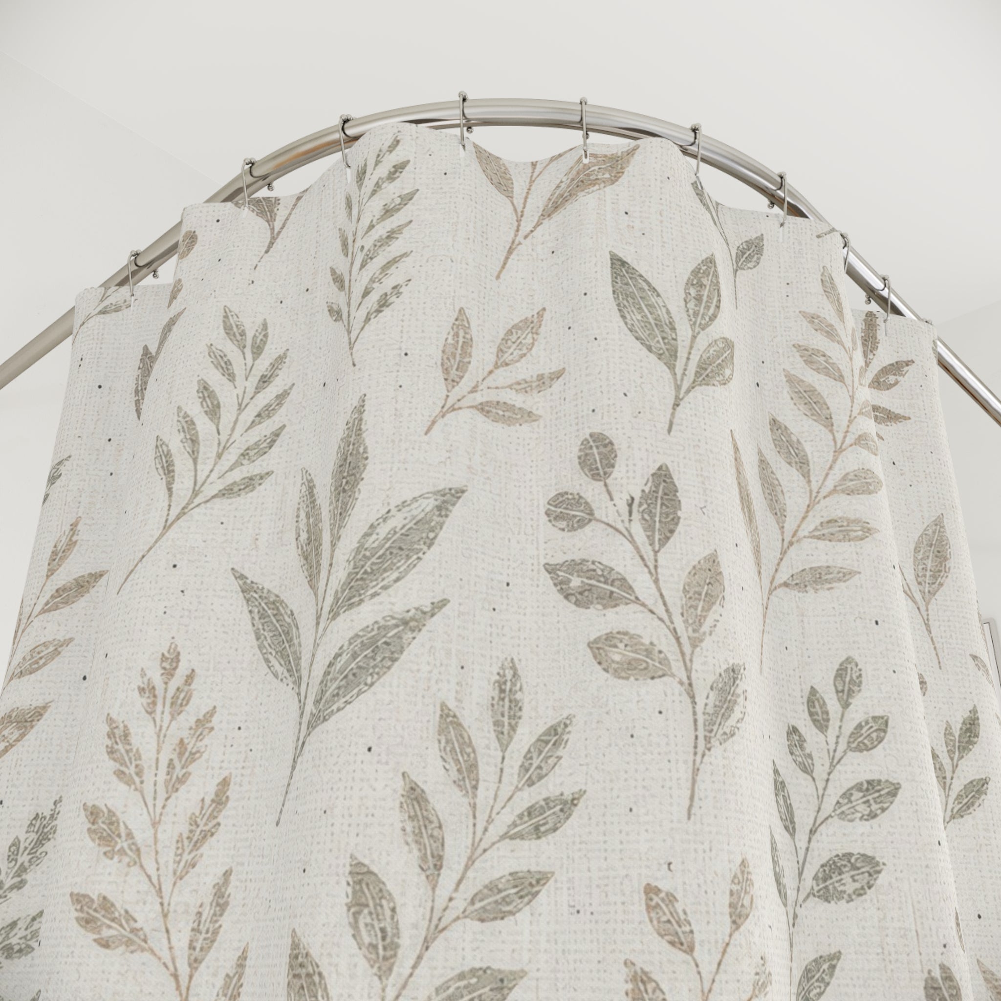 White Green Leaf Farmhouse Shower Curtain