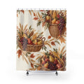 Harvest baskets with corn, pears and grapes on cream shower curtain with full front view