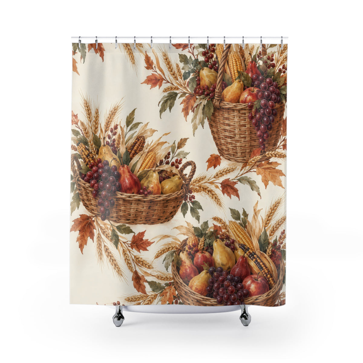 Harvest baskets with corn, pears and grapes on cream shower curtain with full front view
