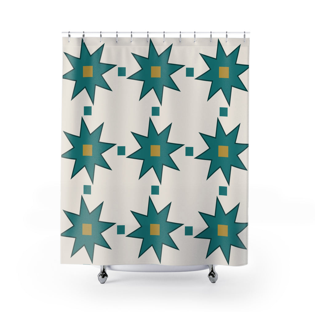 Moroccan Tile Shower Curtain: Teal Ivory Star