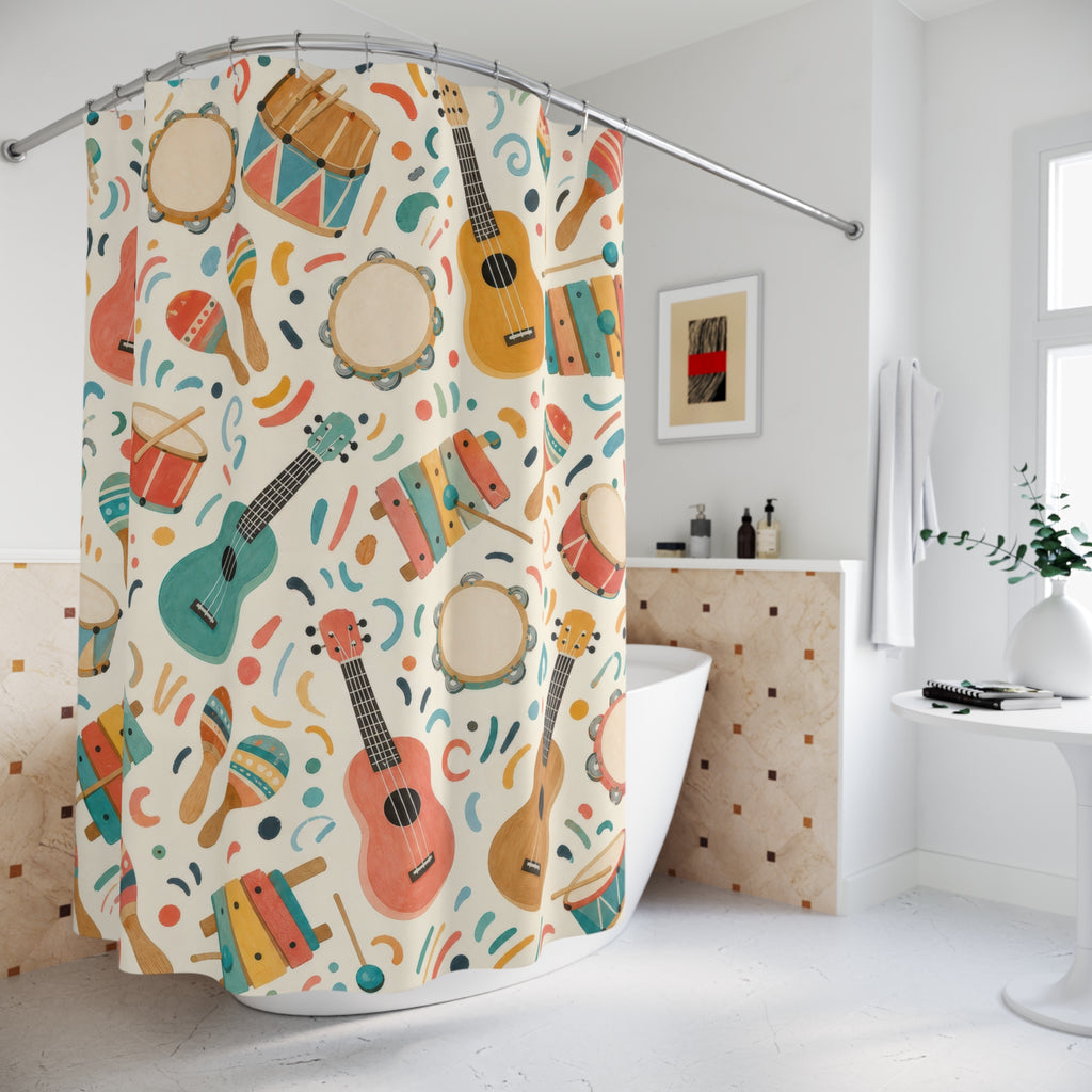 Kids Music Shower Curtain, Guitar Drum Instrument Pattern, Colorful Playroom Bathroom Decor, Music Room Preschool Wall Guest Bath Gift