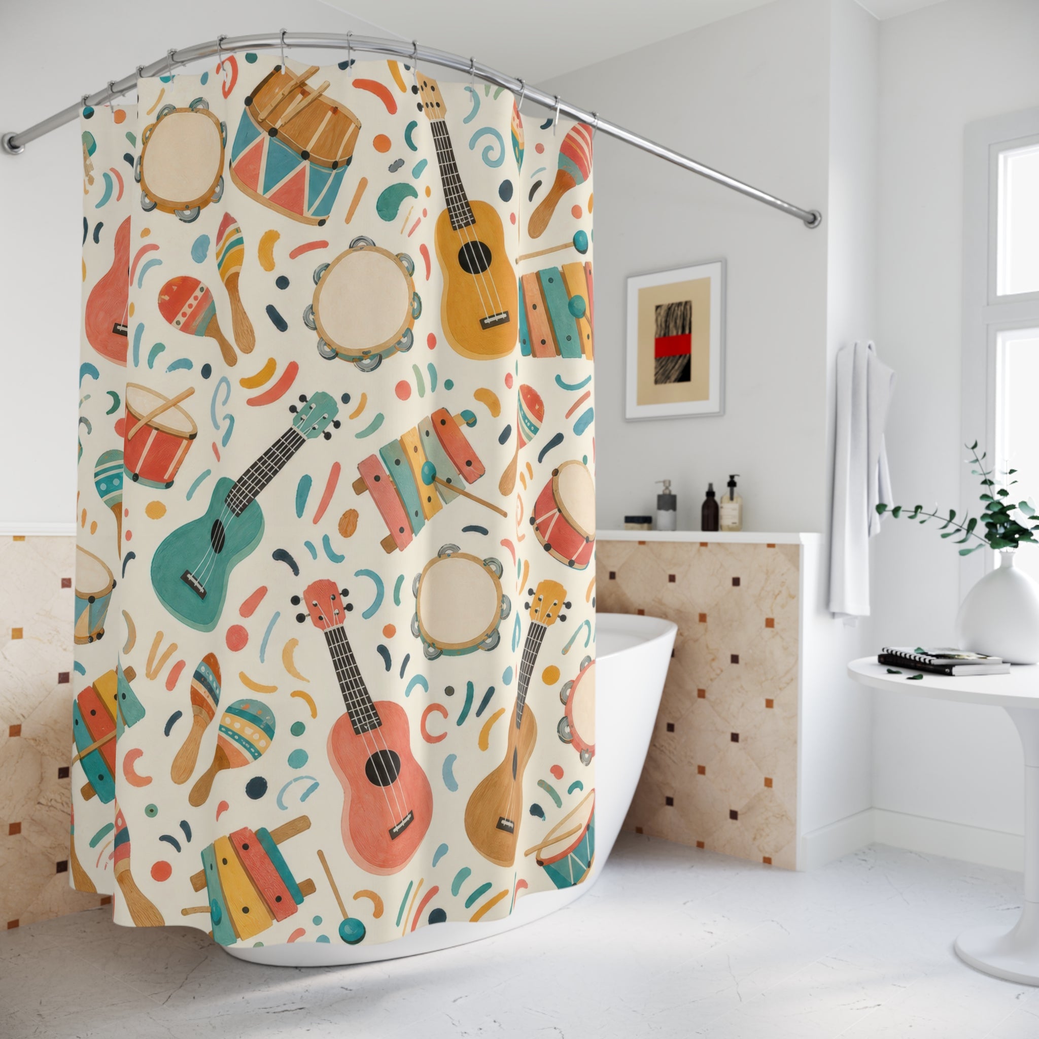 Kids Music Shower Curtain, Guitar Drum Instrument Pattern, Colorful Playroom Bathroom Decor, Music Room Preschool Wall Guest Bath Gift