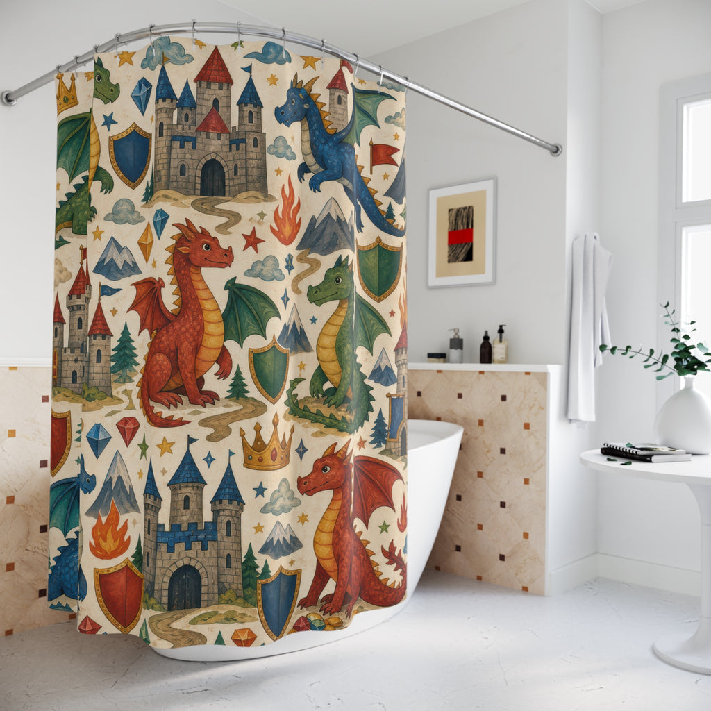 Dragon Castle Shower Curtain, Storybook Kids Bathroom Decor, Fantasy Bath Curtain, Boys Bathroom Decor, Village Pattern, Bath Decor