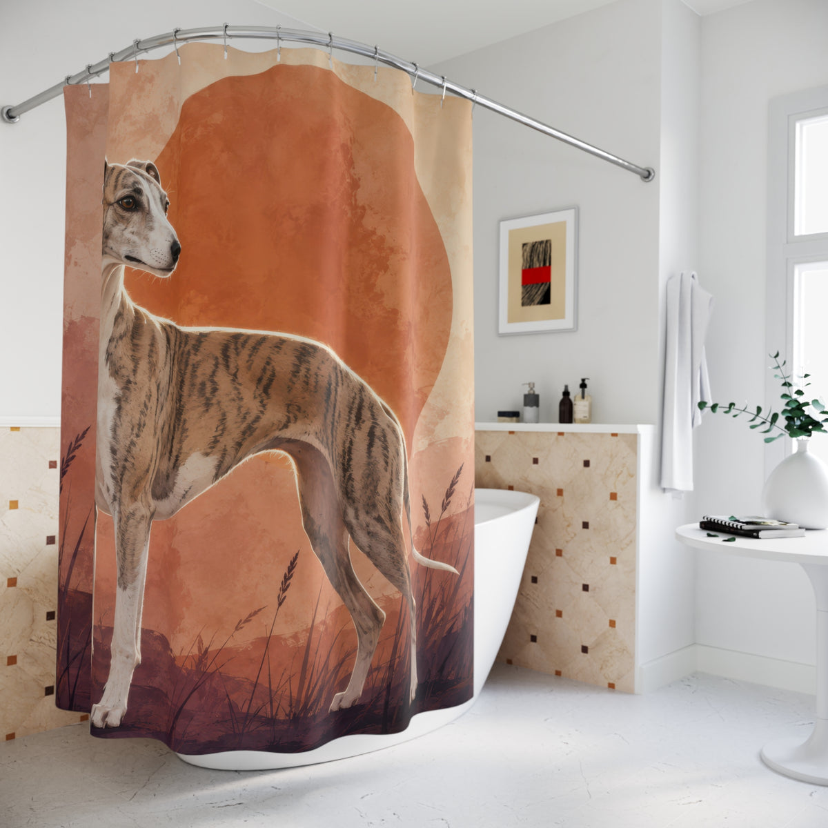 A brindle whippet before a terracotta sun shower curtain beside a freestanding tub