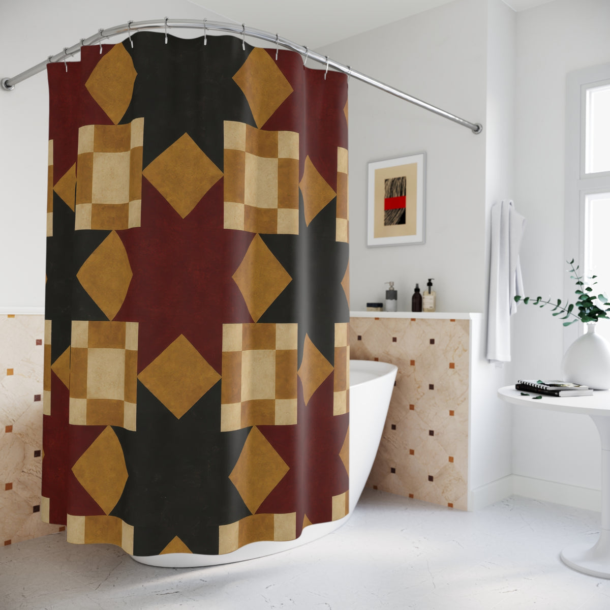 Burgundy and charcoal stars with mustard and cream blocks shower curtain beside a freestanding tub
