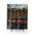 Prehistoric dinosaurs across geological earth layers shower curtain, full front view