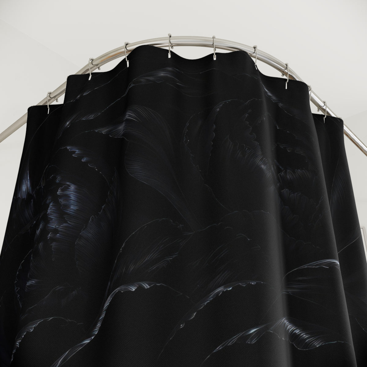 Close-up of Three oversized black peonies with charcoal rim light shower curtain with hooks and folds