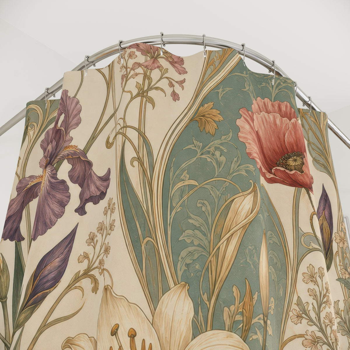 Art Nouveau Poppy sage coral shower curtain with close-up print, hooks, and folds