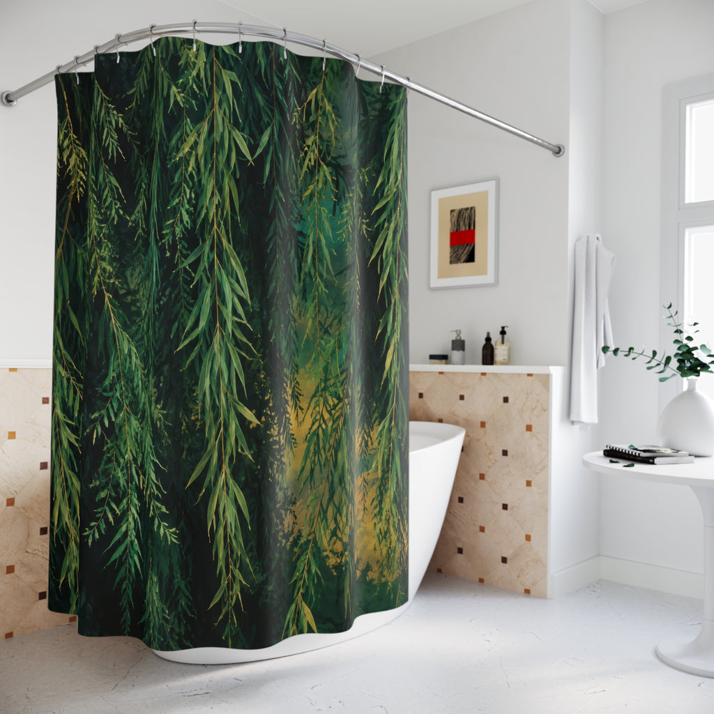 Deep emerald weeping willow canopy shower curtain beside a freestanding tub