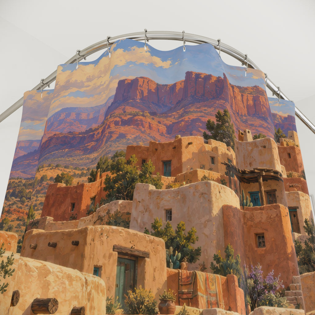Warm adobe houses with turquoise doors and a stone path shower curtain with close-up print, hooks, and folds