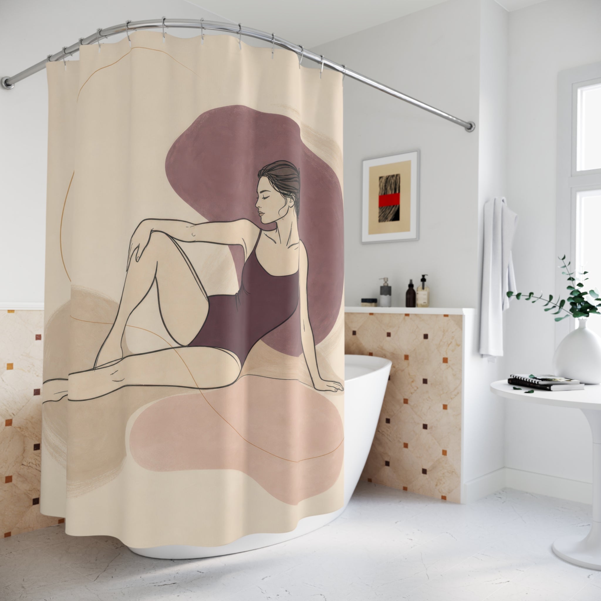 Figure Art Shower Curtain, Reclining Woman Abstract Pattern, Pink Taupe Bathroom Decor, Modern Guest Bath Line Art Style