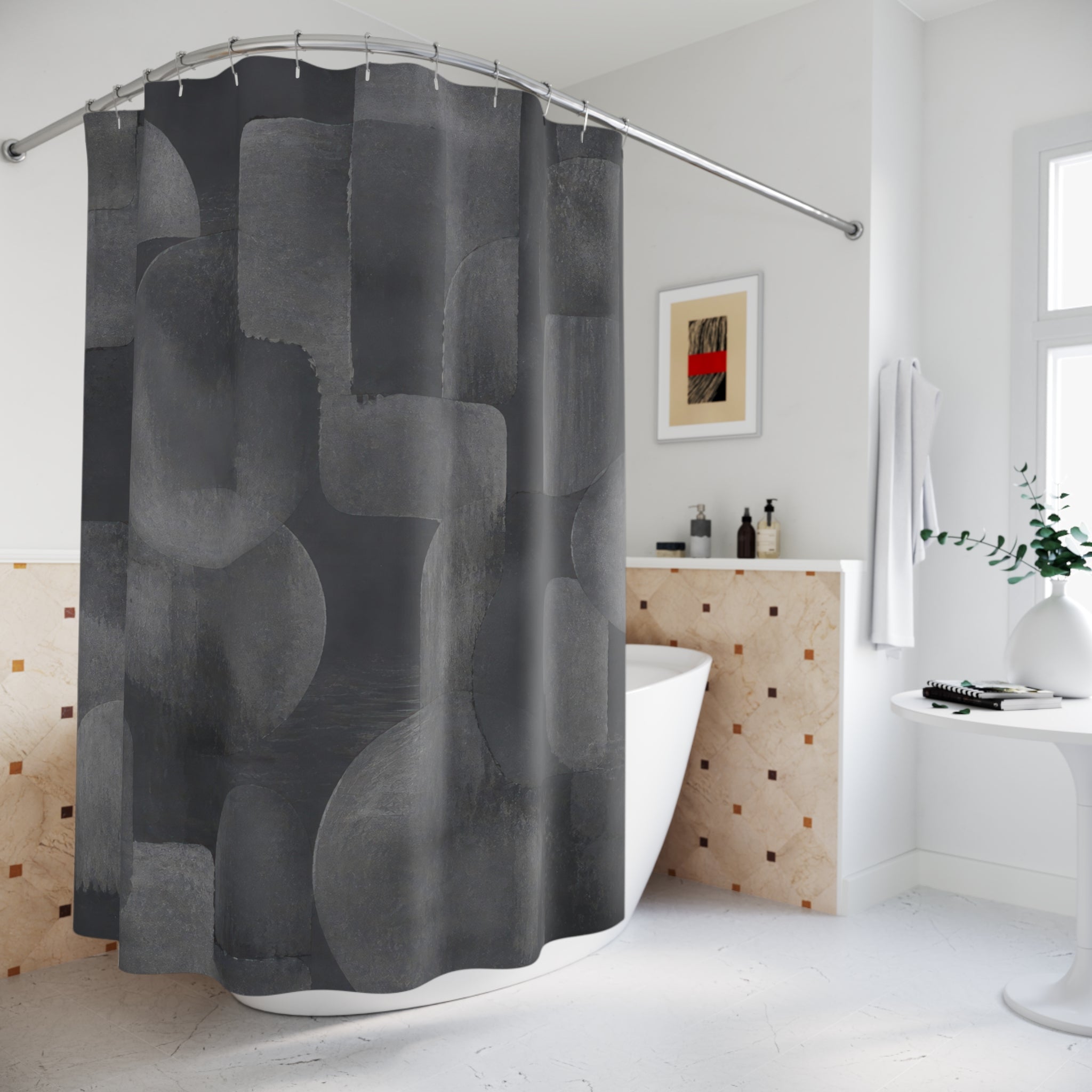 Abstract Shower Curtain, Gray Geometric Bath Decor, Rounded Block Pattern, Modern Neutral Guest Bathroom Decor, Dark Modern Gray Style