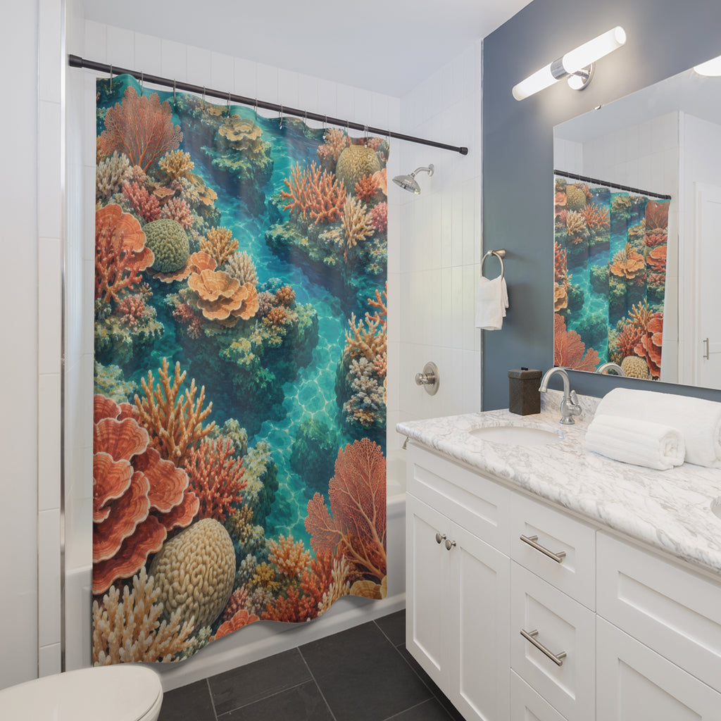 Terracotta coral reefs in turquoise water shower curtain beside a white vanity