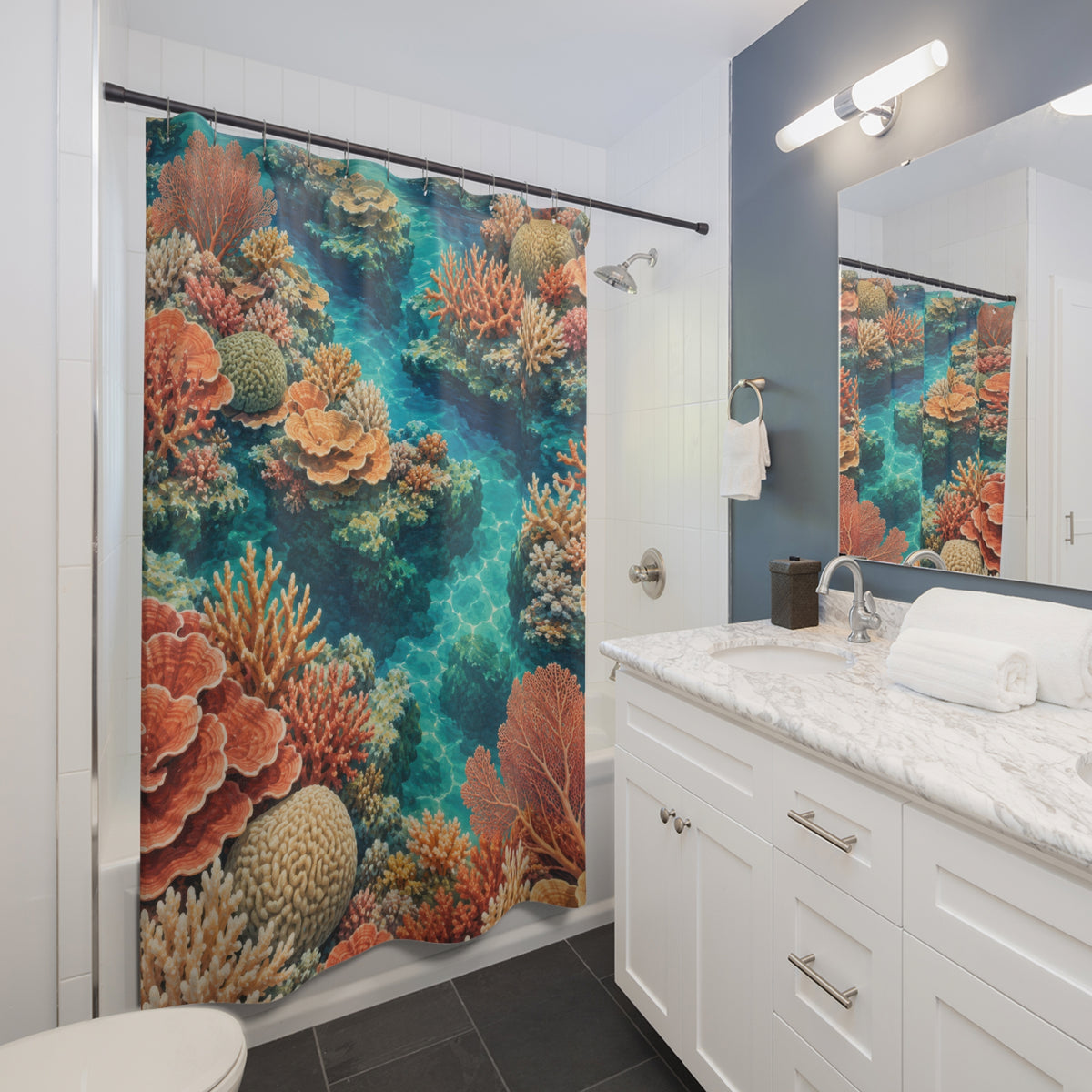 Terracotta coral reefs in turquoise water shower curtain beside a white vanity
