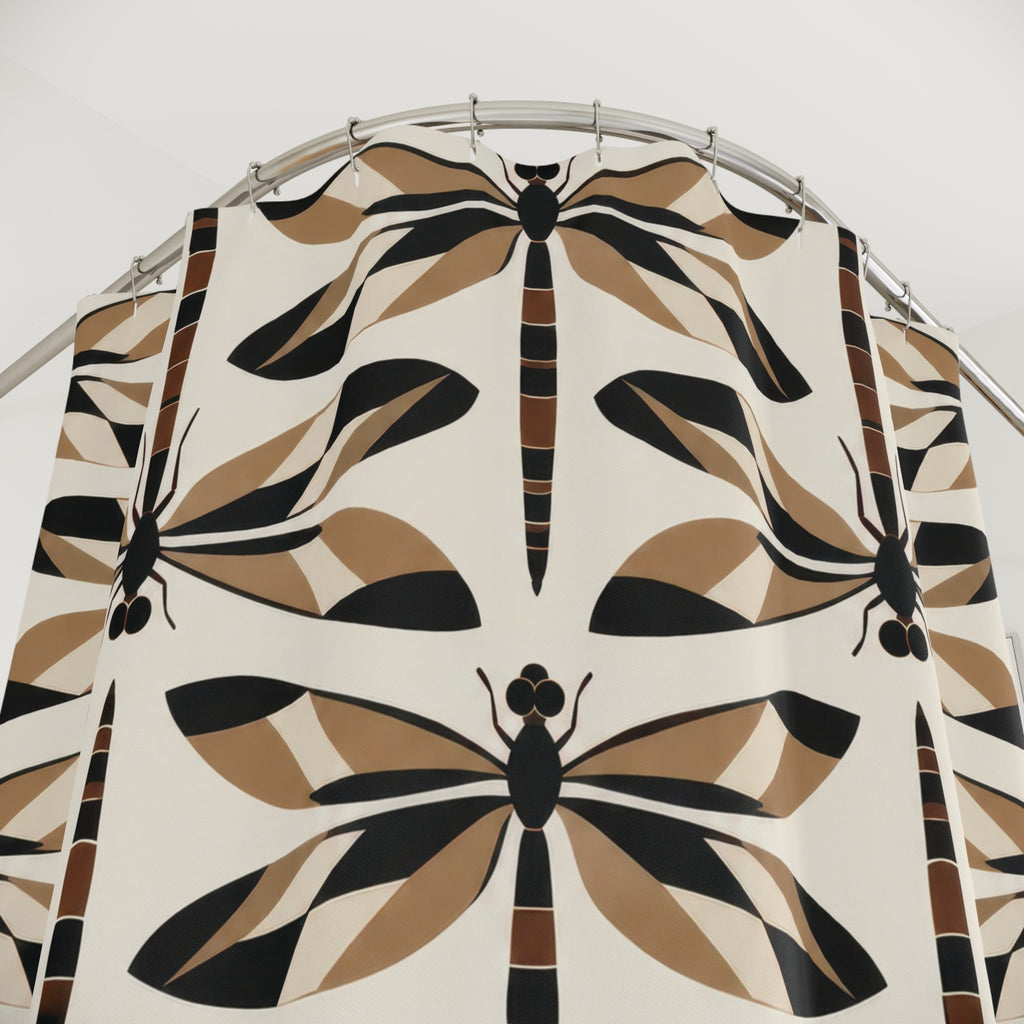 Black and tan geometric dragonflies on ivory shower curtain with close-up print, hooks, and folds