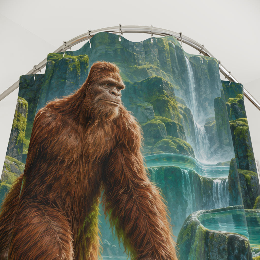 Russet Bigfoot beside teal pools and mossy basalt waterfalls shower curtain with close-up print, hooks, and folds