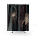 Blackthorn branches crossing oxblood and mauve pointed arches shower curtain with full front view