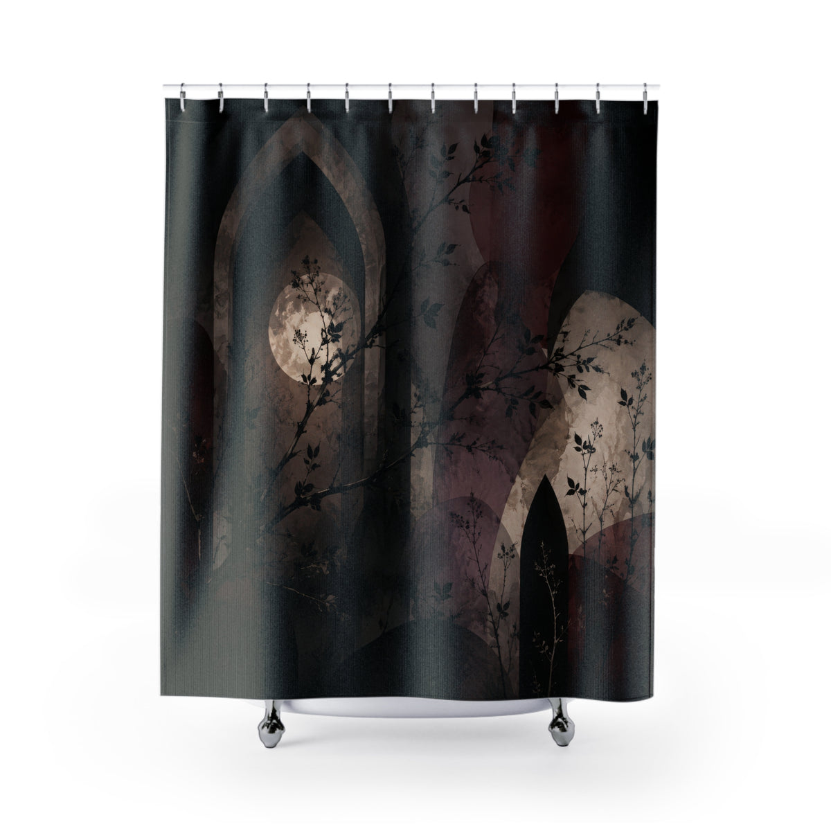 Blackthorn branches crossing oxblood and mauve pointed arches shower curtain with full front view