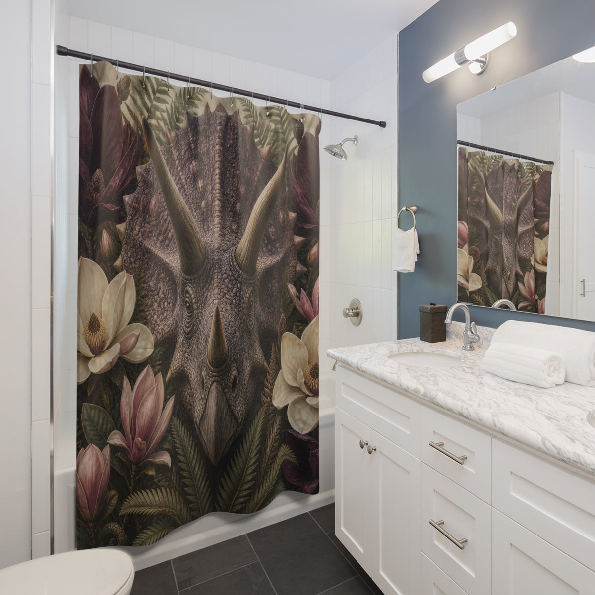Triceratops portrait framed by plum flowers shower curtain installed beside a white vanity