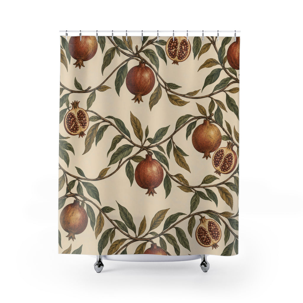 Russet pomegranates and olive leaves on cream shower curtain with full front view