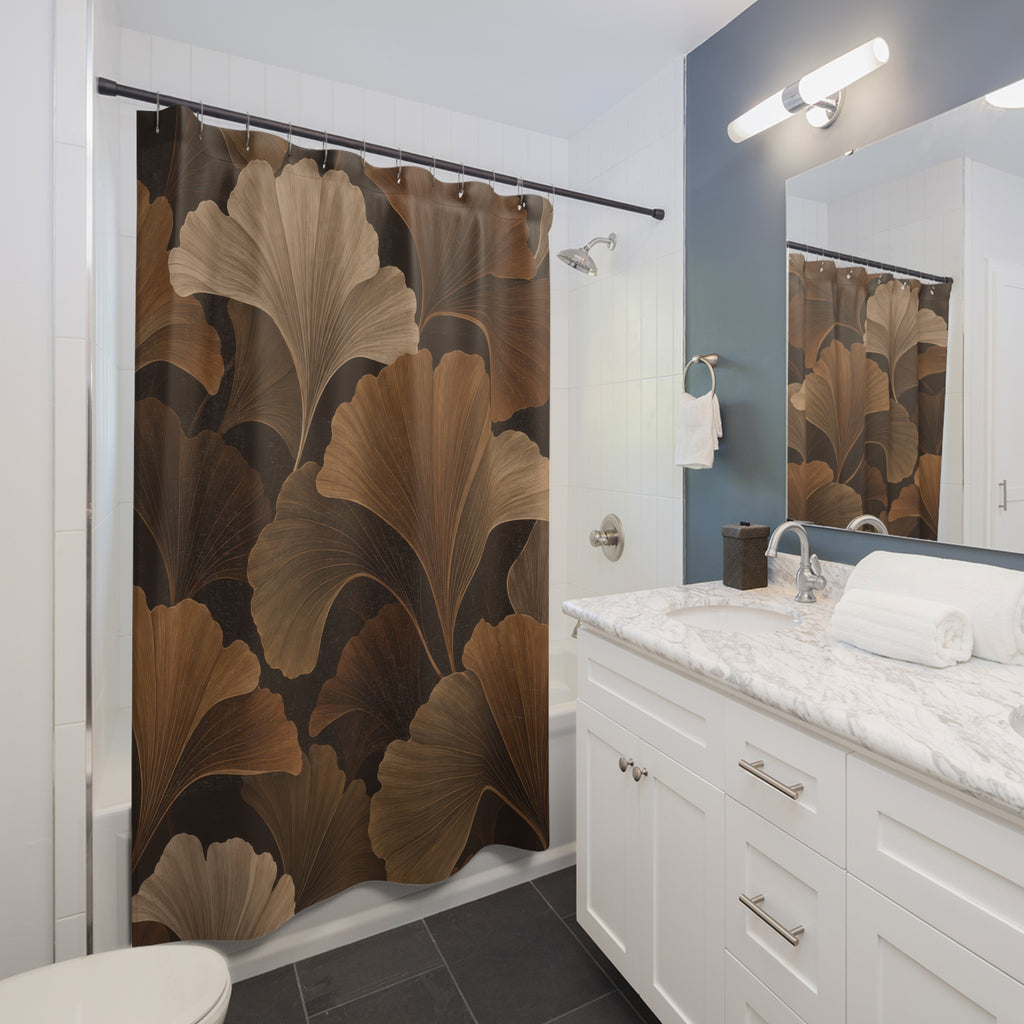 Brown and taupe ginkgo fans on an espresso background shower curtain beside a white vanity