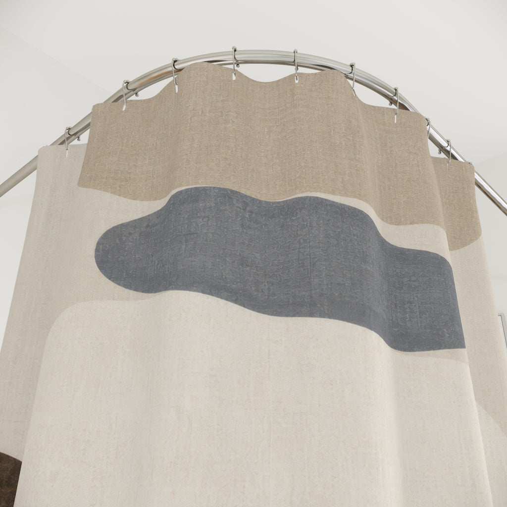 Abstract Shower Curtain, Blue Grey Neutral Shape Pattern, Beige Modern Bathroom Decor, Soft Minimal Guest Bath Art Style