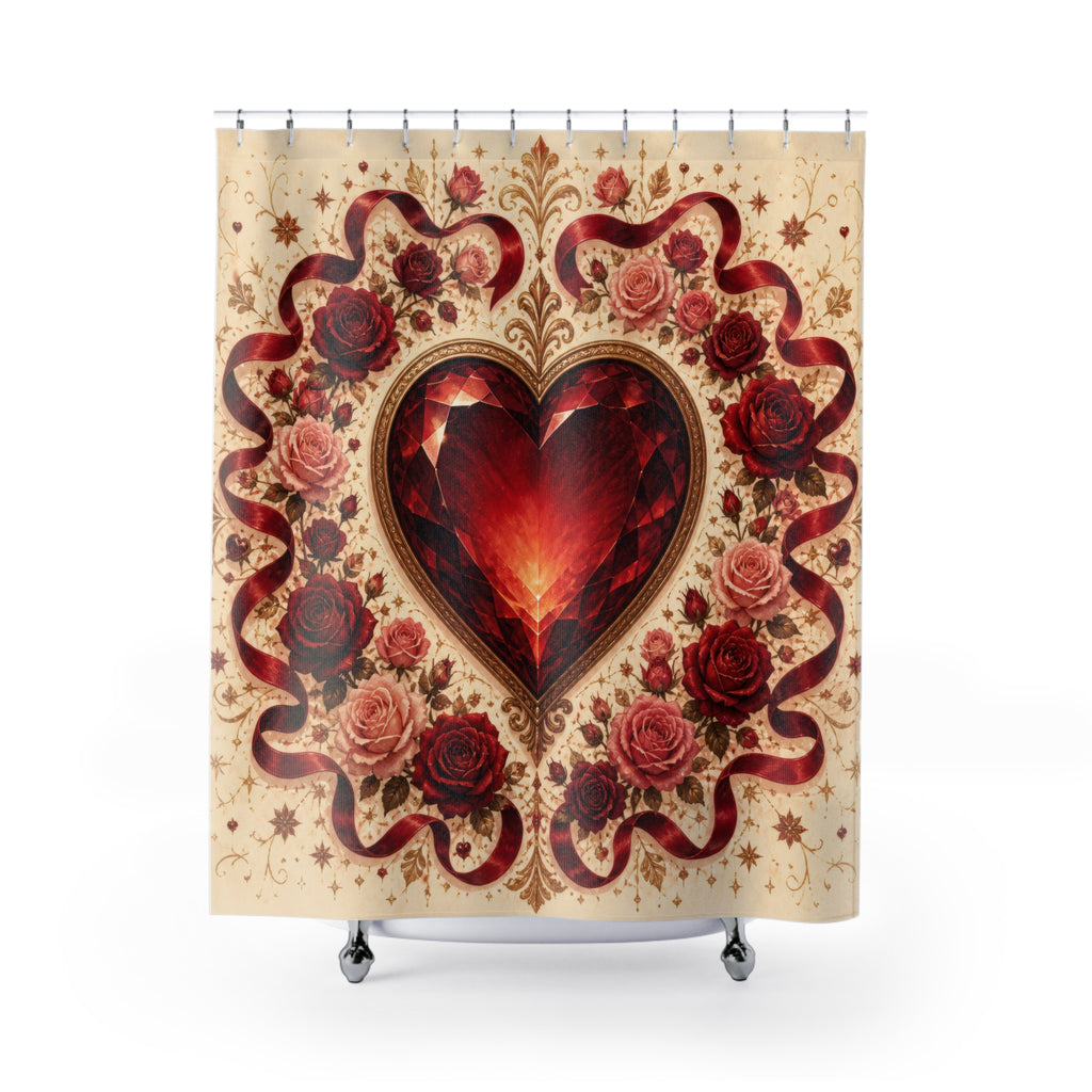 Ruby heart medallion framed by red and blush roses shower curtain with full front view