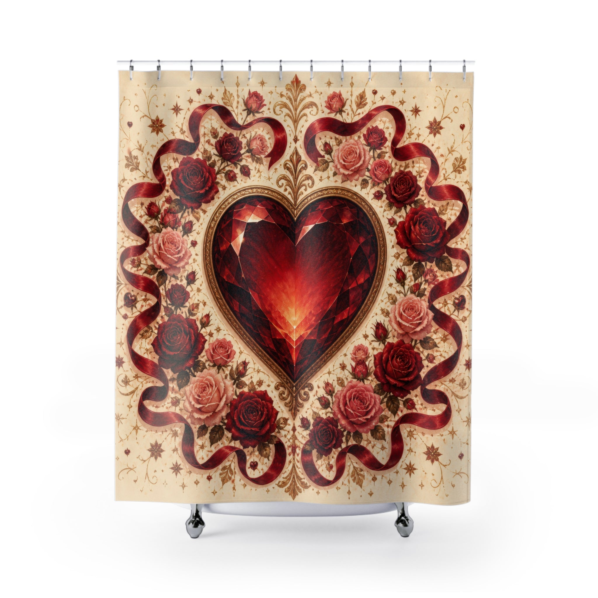 Ruby heart medallion framed by red and blush roses shower curtain with full front view