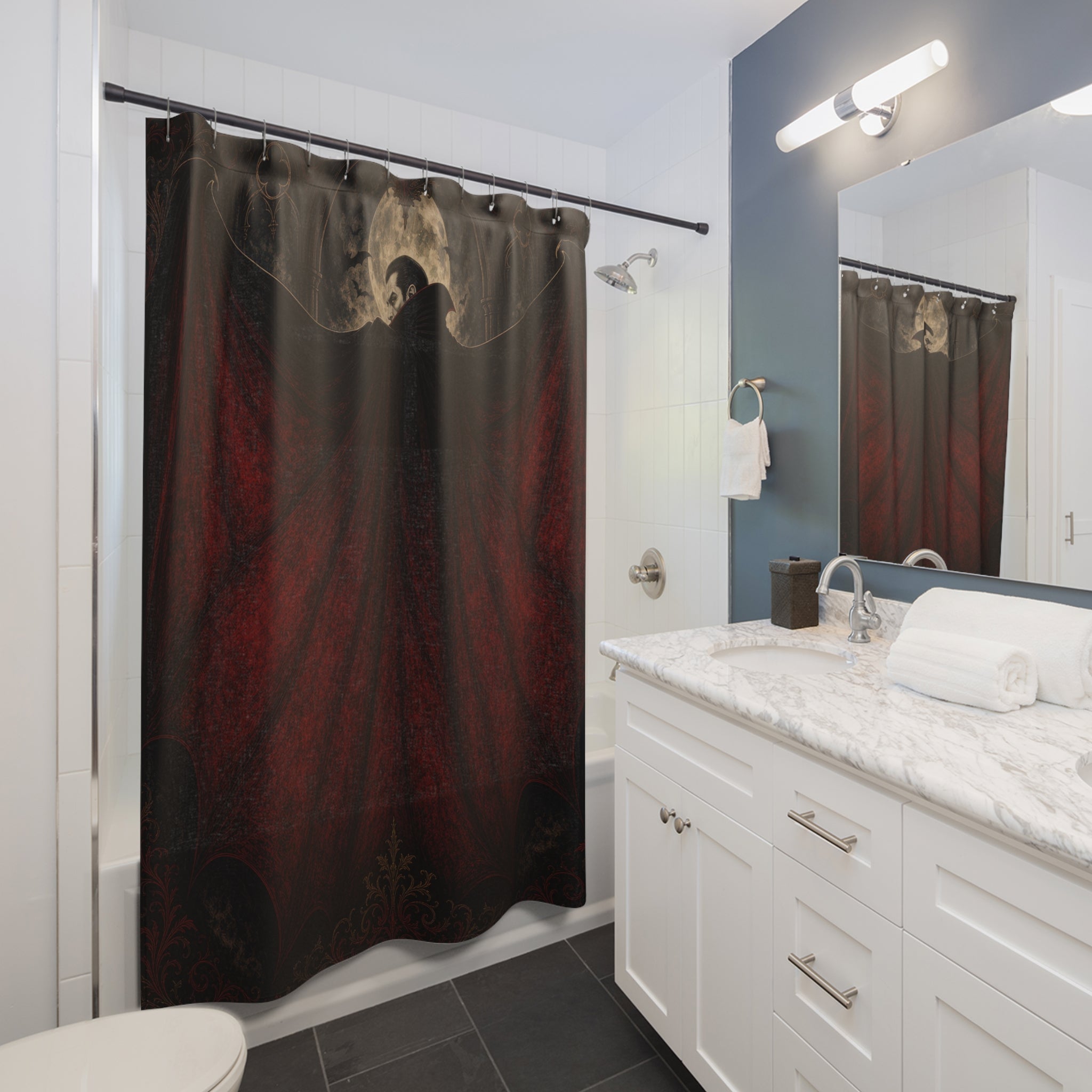 Unique Bat Shower Curtain, Red Gothic Wing Art, Black Vampire Bathroom Decor, Dark Spooky Halloween Guest Bath Accent, Dramatic Bath