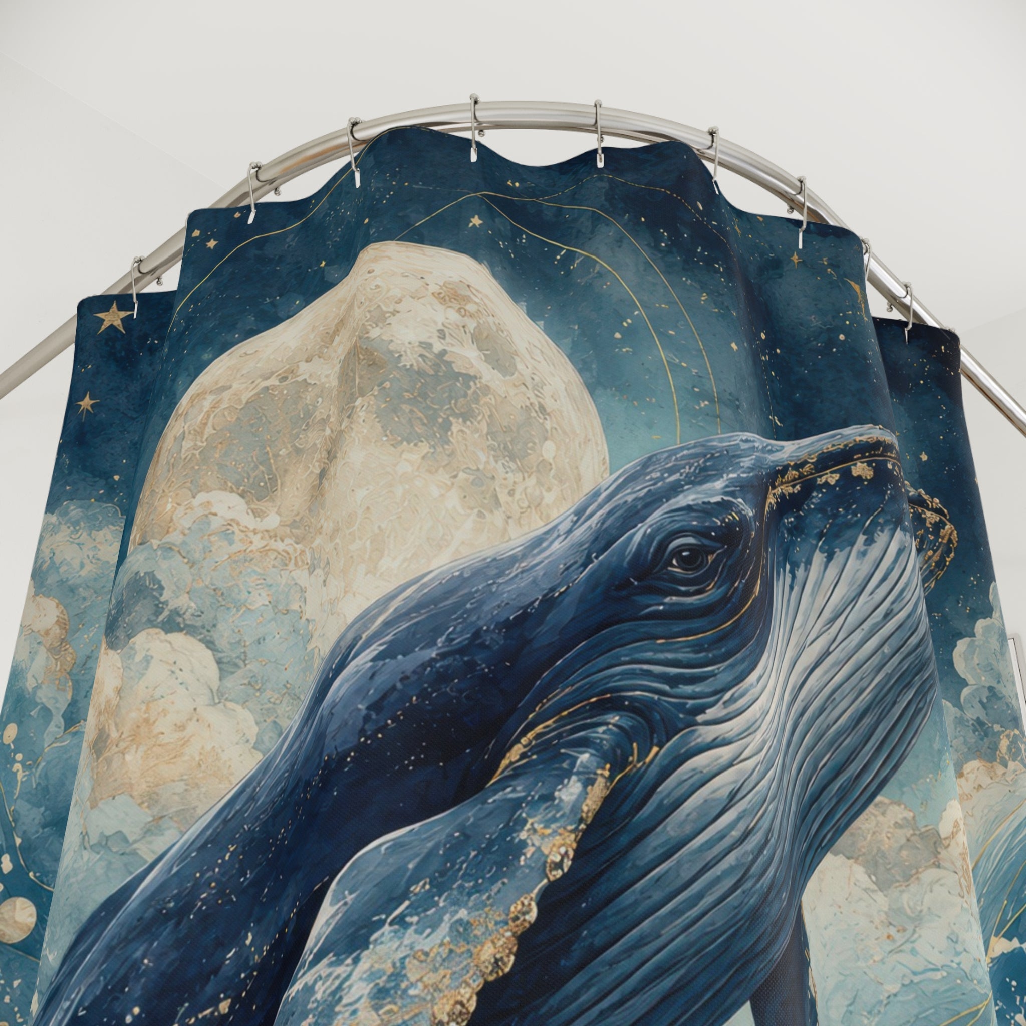 Whale Shower Curtain: Navy Blue Celestial Ocean