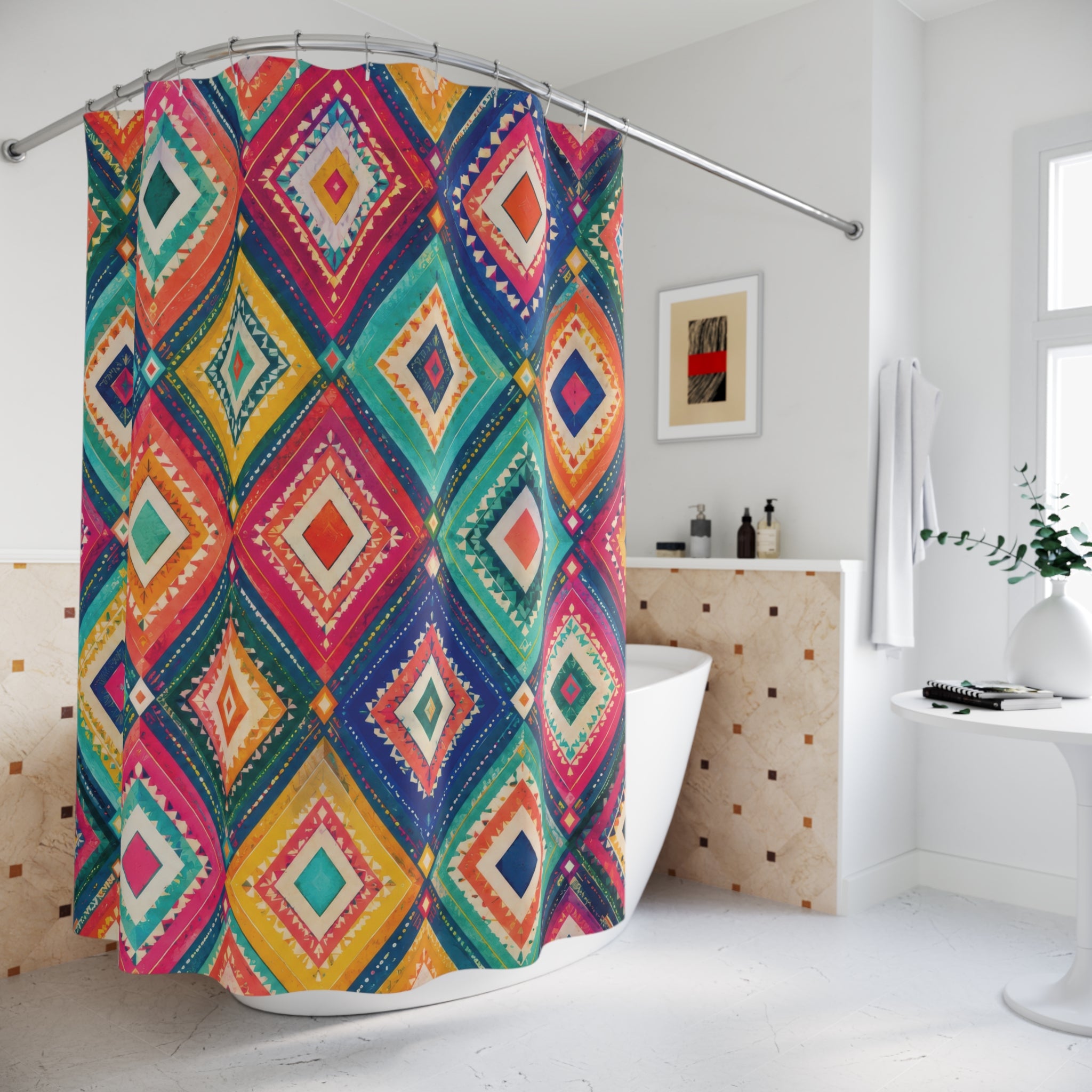 Boho Geometric Diamond Colorful Rainbow Maximalist Shower Curtain
