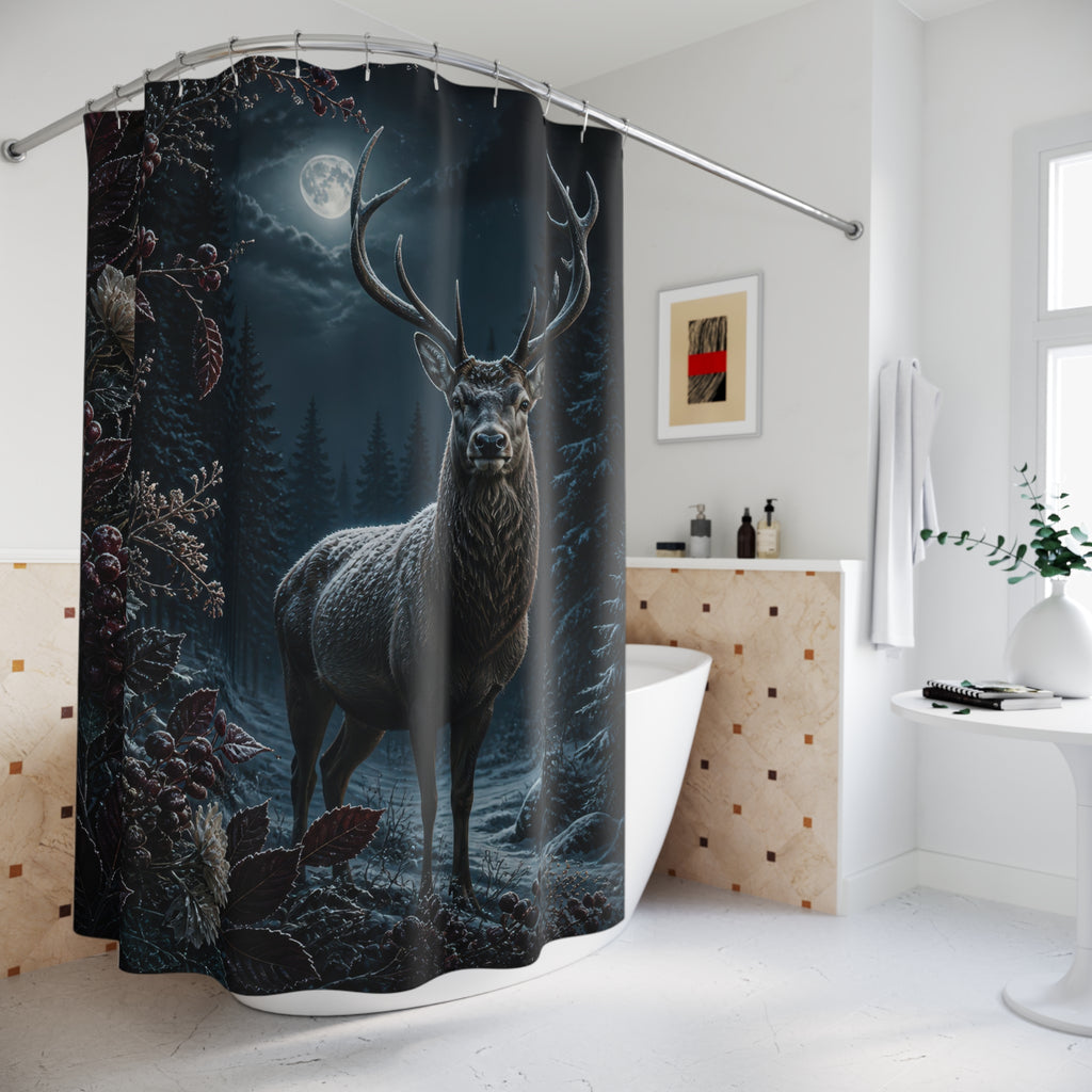 Stag in burgundy frosted forest shower curtain beside a freestanding tub