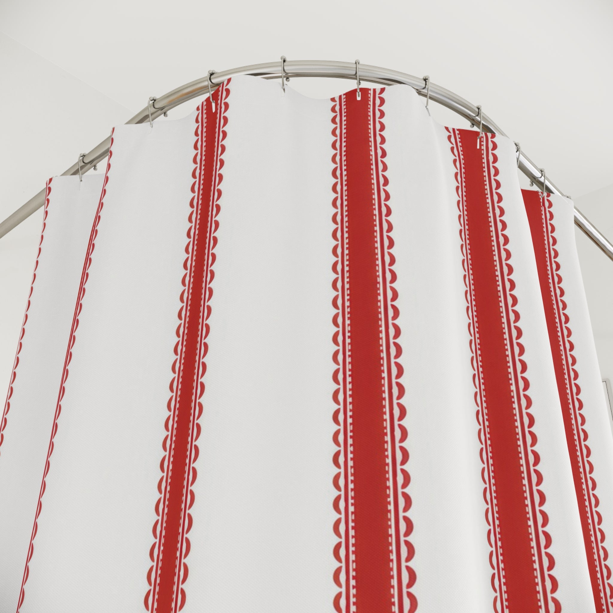 Red and White Ribbon Stripe Shower Curtain: Preppy Cottage